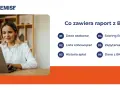 Kobieta pracuje na laptopie, obok lista elementów raportu BIK.