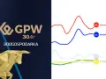 Grafika z logo GPW 30 lat, złotym bykiem i wykresami giełdowymi dla Warszawy, Wiednia, Aten i Pragi.