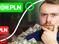 Mężczyzna zamyślony na tle stosu dolarów, z napisami "PLN" i "0 PLN" oraz wykresem giełdowym.