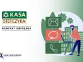 Logo Kasy Stefczyka i ikony kontaktu: koperta, dymek, słuchawka. Mężczyzna przy laptopie.