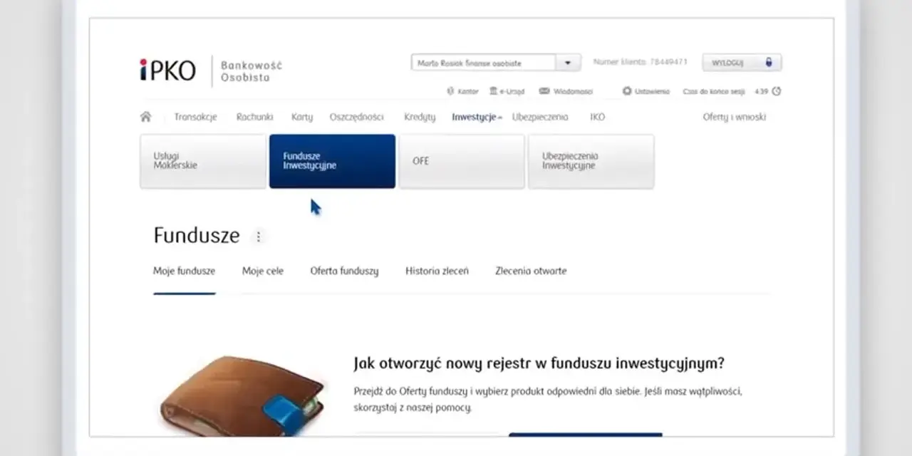Ekran bankowości PKO BP z zakładką "Fundusze Inwestycyjne". Dowiedz się, jak zamknąć fundusz inwestycyjny PKO.