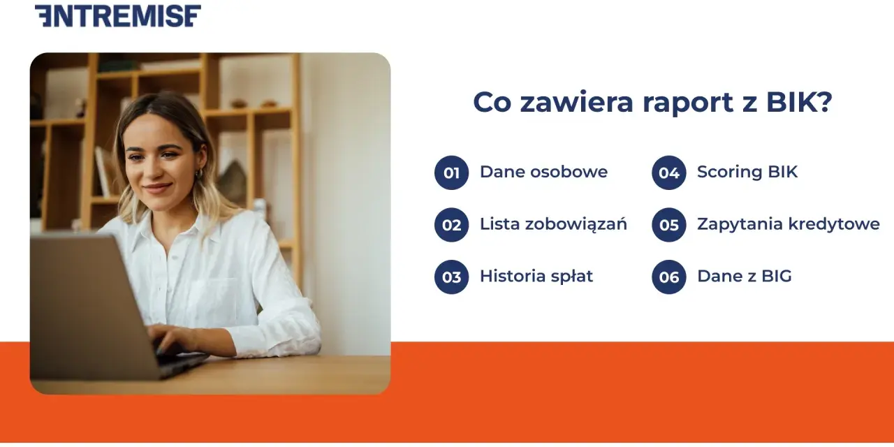 Kobieta pracuje na laptopie, obok lista elementów raportu BIK.