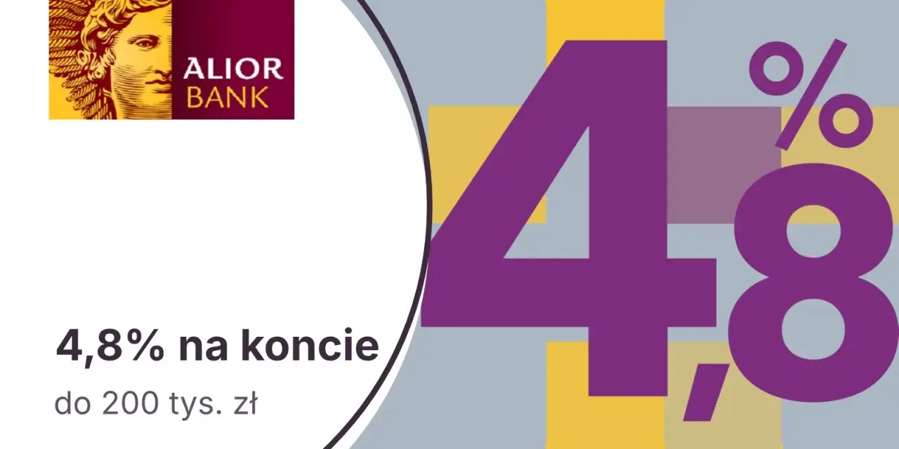 Logo Alior Bank i duża grafika z liczbą 4,8% oraz tekstem "4,8% na koncie do 200 tys. zł".