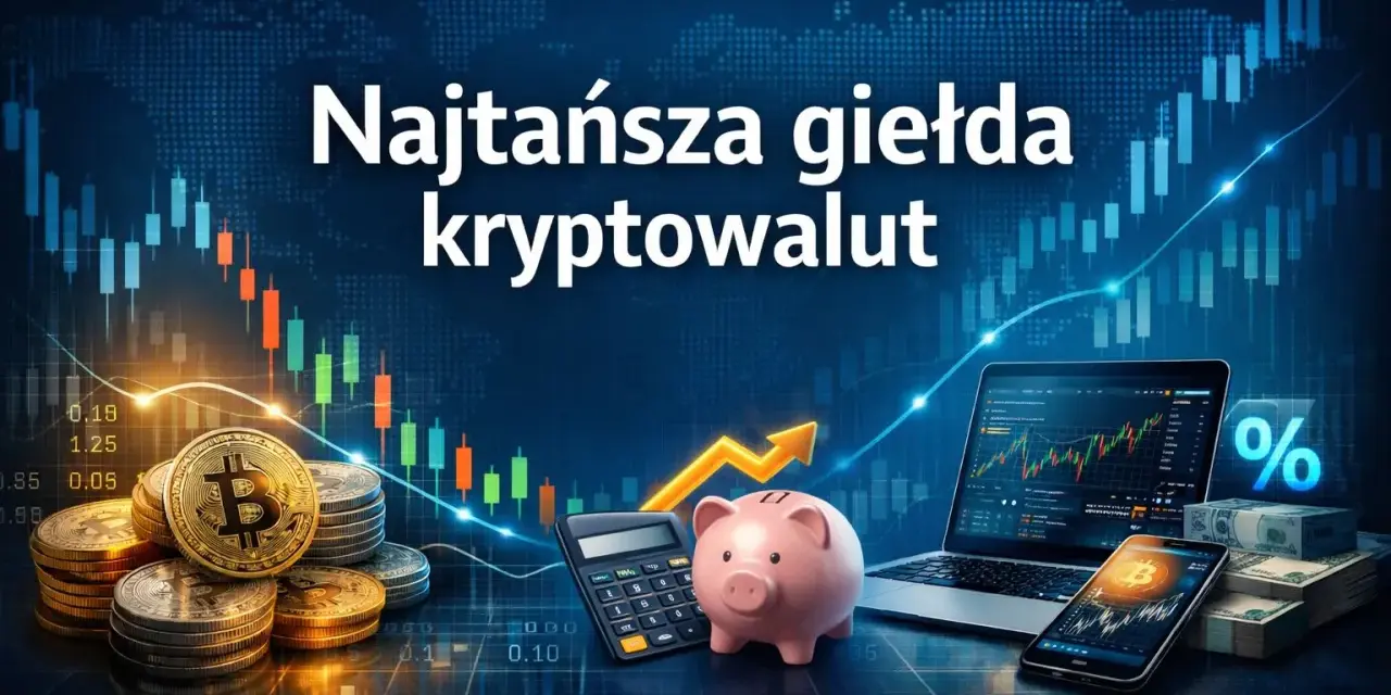 Złote monety z symbolem Bitcoina, skarbonka, kalkulator i laptop z wykresem giełdowym. Szukasz najlepszej giełdy kryptowalut?