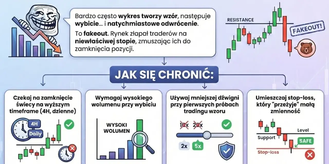 Jak grać na giełdzie kryptowalut, unikając pułapek (fakeoutów). Poradnik pokazuje, jak chronić się przed fałszywymi wybiciami, czekając na zamknięcie świecy, analizując wolumen i używając stop-loss.