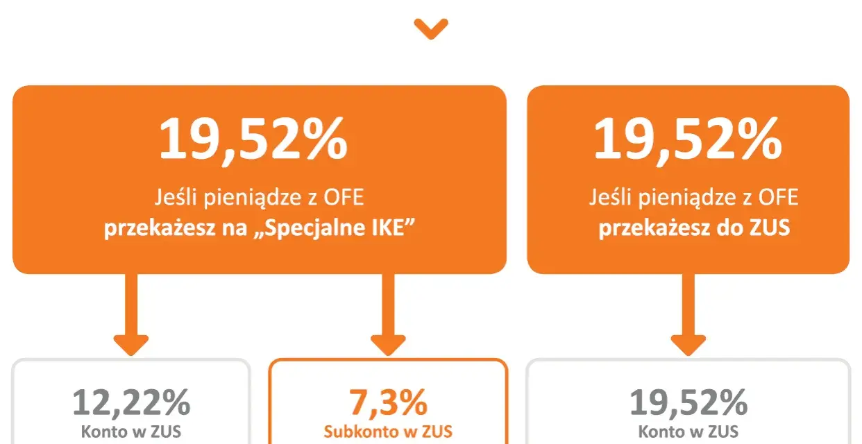 Schemat po reformie OFE: 19,52% przekazane na IKE lub do ZUS, z podziałem na konta i subkonta.