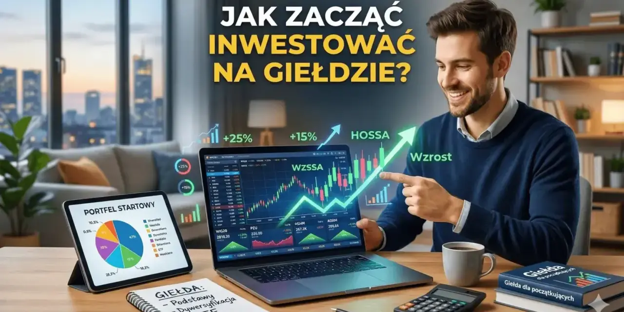 Mężczyzna wskazuje na wykres wzrostu na laptopie, obok tablet z wykresem kołowym i notatnik.