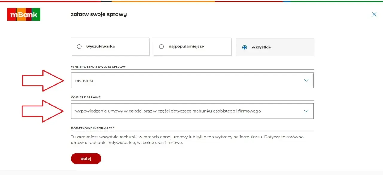 Formularz mBank: wybierz temat "rachunki" i sprawę "wypowiedzenie umowy", aby dowiedzieć się, jak usunąć kartę mBank.