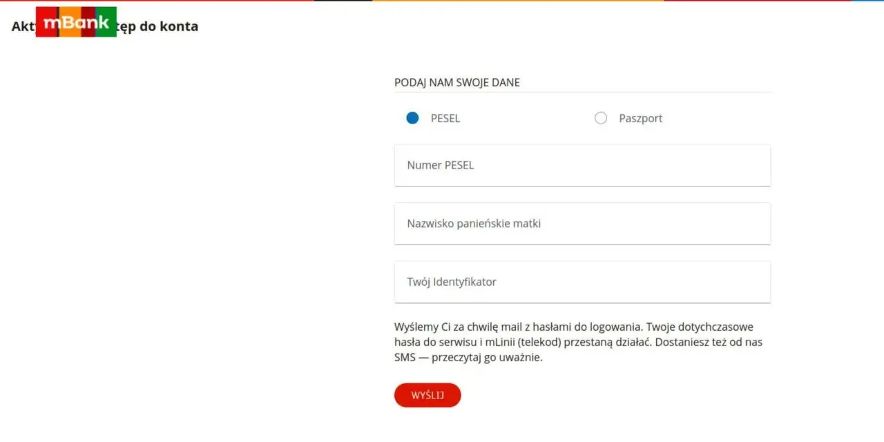 Formularz mBanku do aktywacji konta. Podaj numer PESEL (11 cyfr) lub paszport, nazwisko panieńskie matki i swój identyfikator.