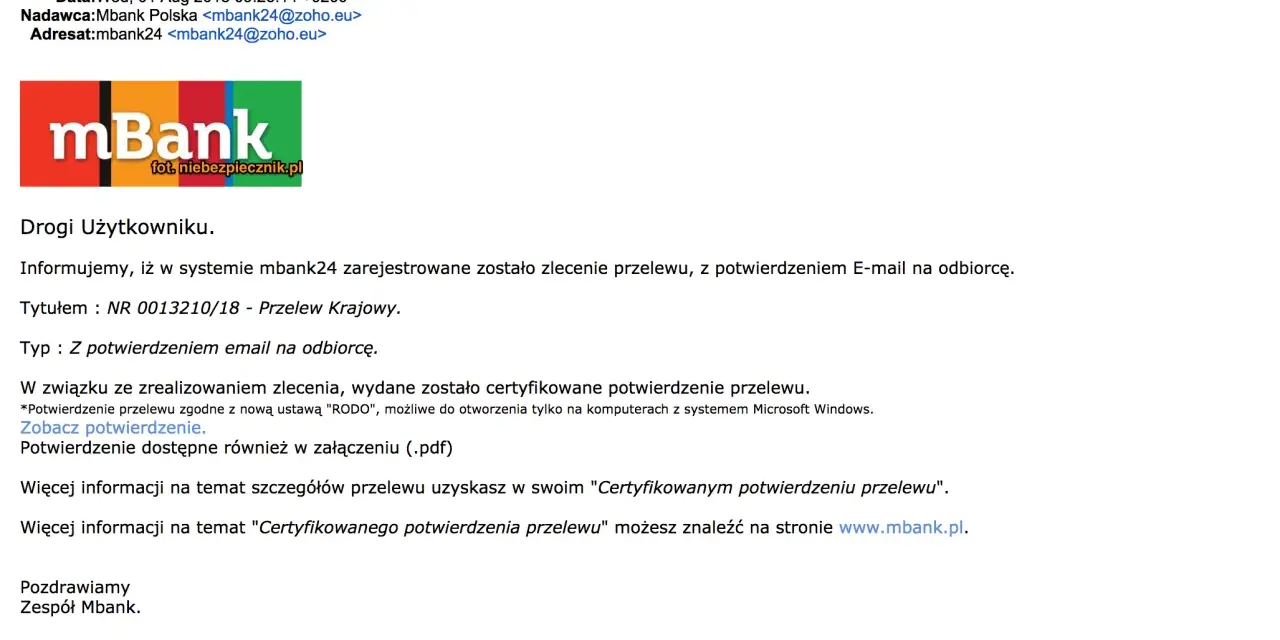Potwierdzenie przelewu z mbank24, kiedy zostało zarejestrowane zlecenie. Zobacz potwierdzenie.