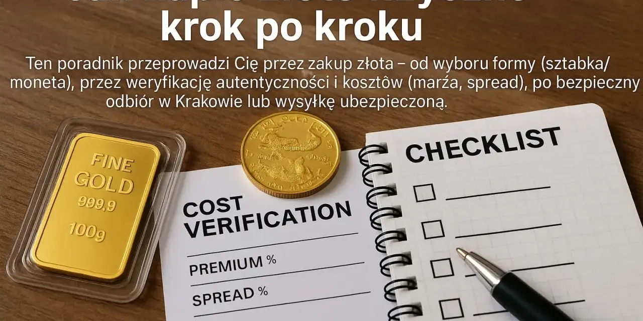 Złota sztabka i moneta obok dokumentów "Cost Verification" i "Checklist" ilustrują, jak kupić złoto inwestycyjne krok po kroku.