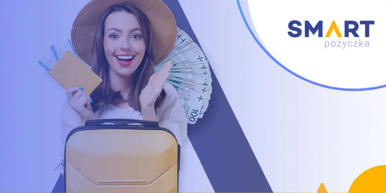 Kobieta z walizką, biletami i pieniędzmi cieszy się na podróż. Smart pożyczka kiedy przelew to szybki sposób na wakacje.