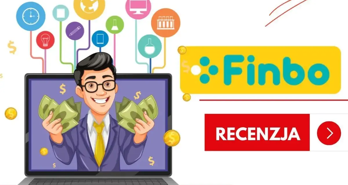 Uśmiechnięty mężczyzna z pieniędzmi na ekranie laptopa. Czy Finbo sprawdza BIK? Logo Finbo i przycisk "Recenzja".