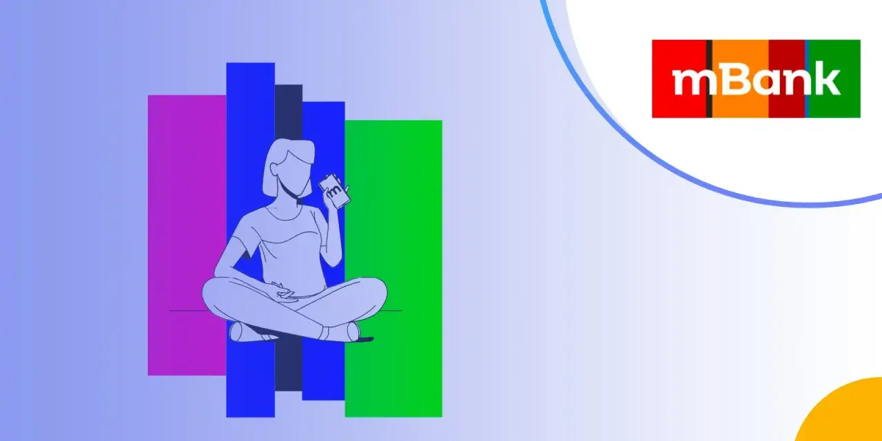 Ilustracja pokazuje, jak zrobić przelew ekspresowy mBank. Osoba siedzi w pozycji lotosu, trzymając telefon, na którym widnieje logo mBank.