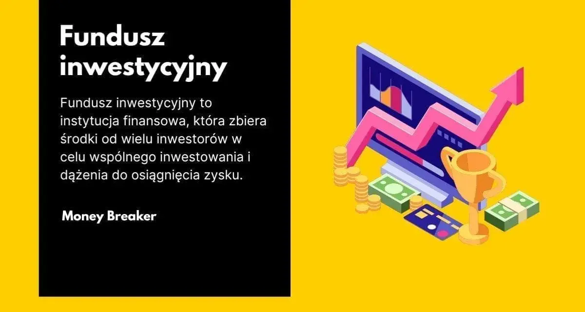 Jak założyć fundusz inwestycyjny? Grafika przedstawia komputer z wykresem wzrostu, stosy monet, banknoty i puchar, symbolizujące sukces finansowy.