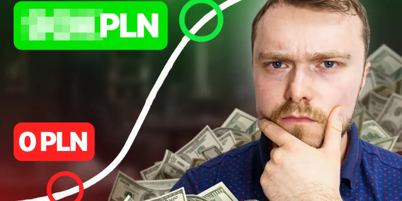 Mężczyzna zamyślony na tle stosu dolarów, z napisami "PLN" i "0 PLN" oraz wykresem giełdowym.