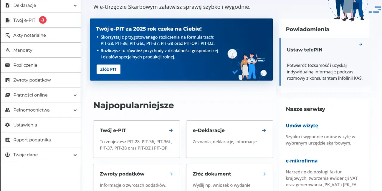 Strona główna e-Urzędu Skarbowego. Możesz tu złożyć PIT, rozliczyć przychody z giełdy i inne.