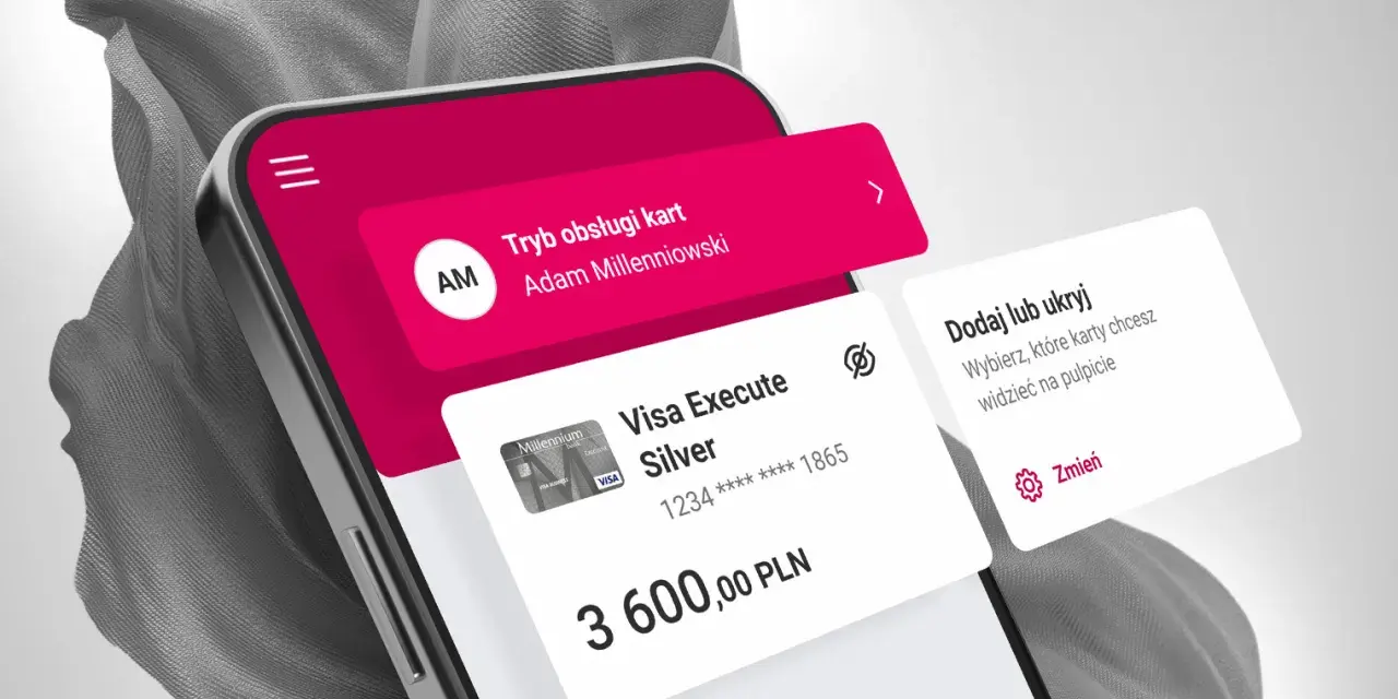 Aplikacja Millenium: jak aktywować kartę i zarządzać nią. Widok ekranu telefonu z kartą Visa Execute Silver i opcjami.