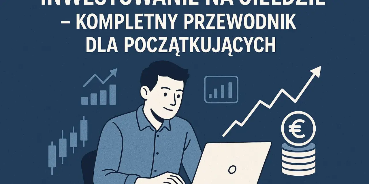 Ilustracja pokazuje mężczyznę przy laptopie, który uczy się, jak wejść na giełdę. Wykresy i monety euro symbolizują inwestycje.