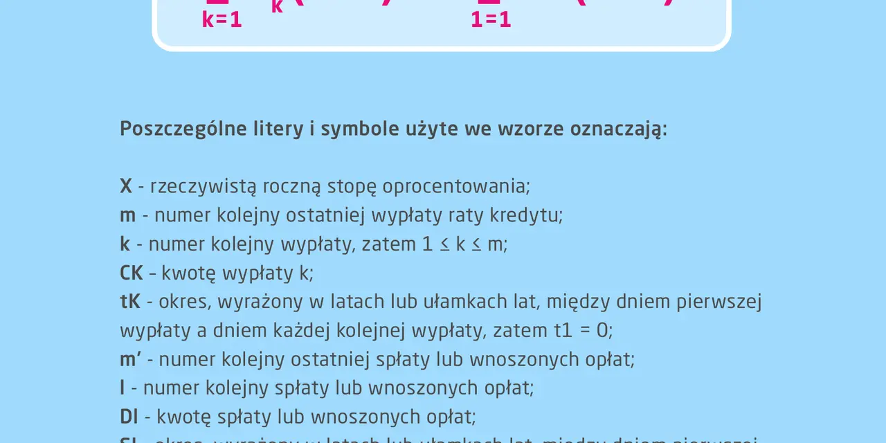 Wzór wyjaśnia oprocentowanie RRSO. X to rzeczywista roczna stopa oprocentowania.