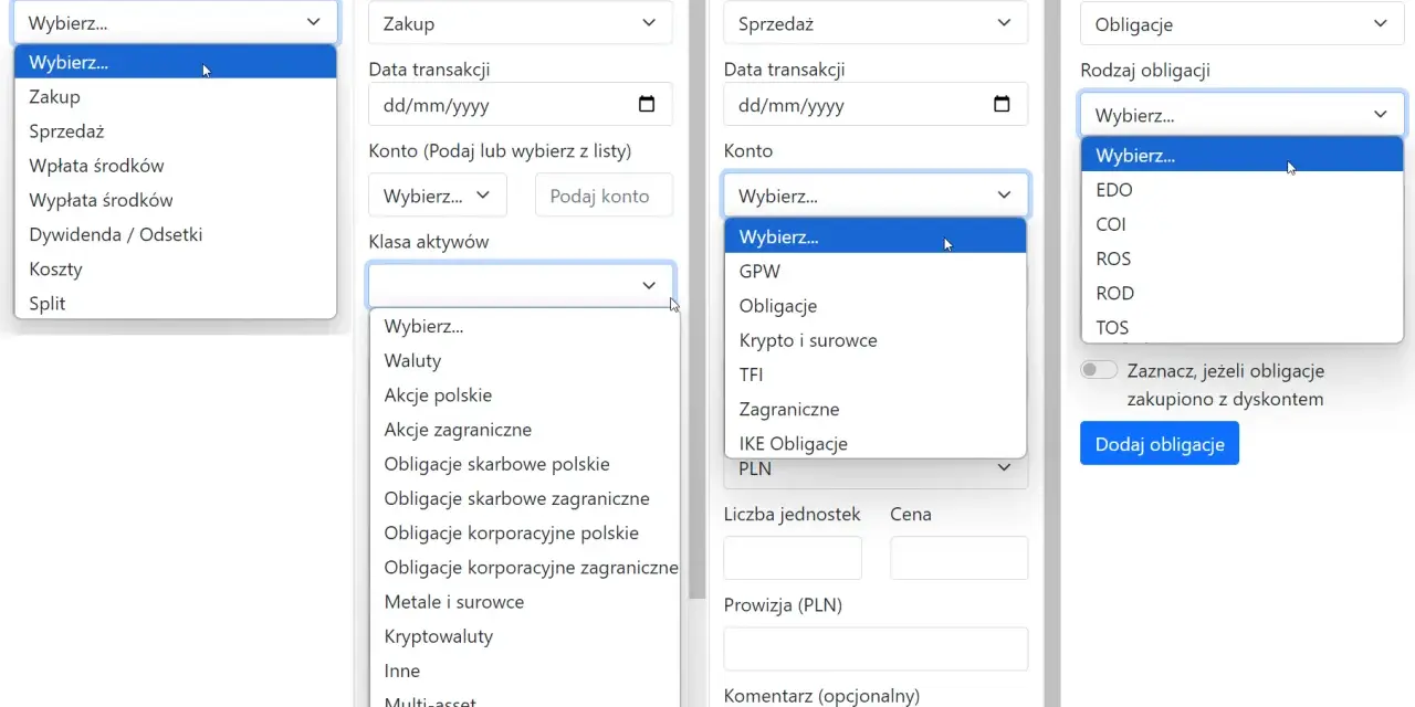 Gdzie założyć portfel inwestycyjny? Wybierz rodzaj transakcji, klasę aktywów i konto, by dodać obligacje.