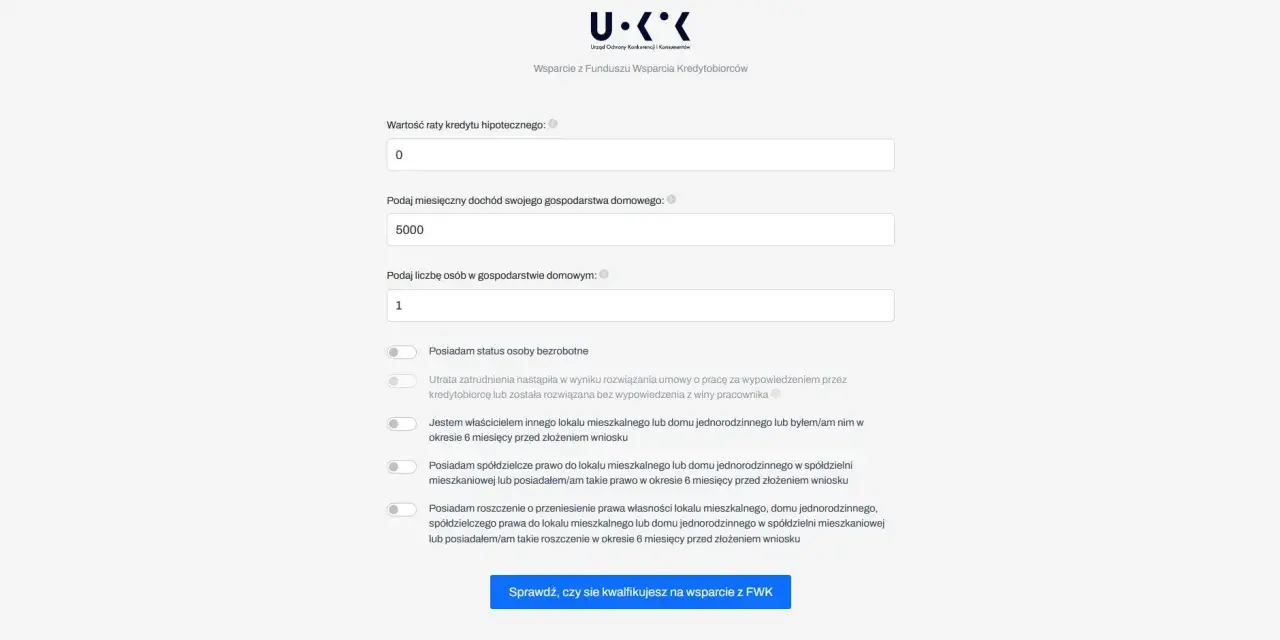 Formularz do obliczenia dochodu do FWK: rata kredytu 0, dochód 5000, 1 osoba w gospodarstwie.