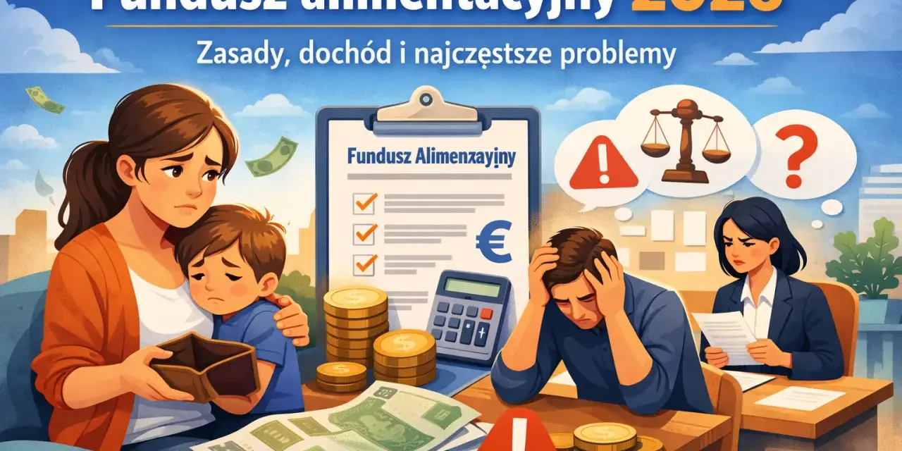 Jak obliczyć kryterium dochodowe do funduszu alimentacyjnego? Obraz przedstawia zmartwioną rodzinę, pieniądze i dokumenty, sugerując trudności finansowe.