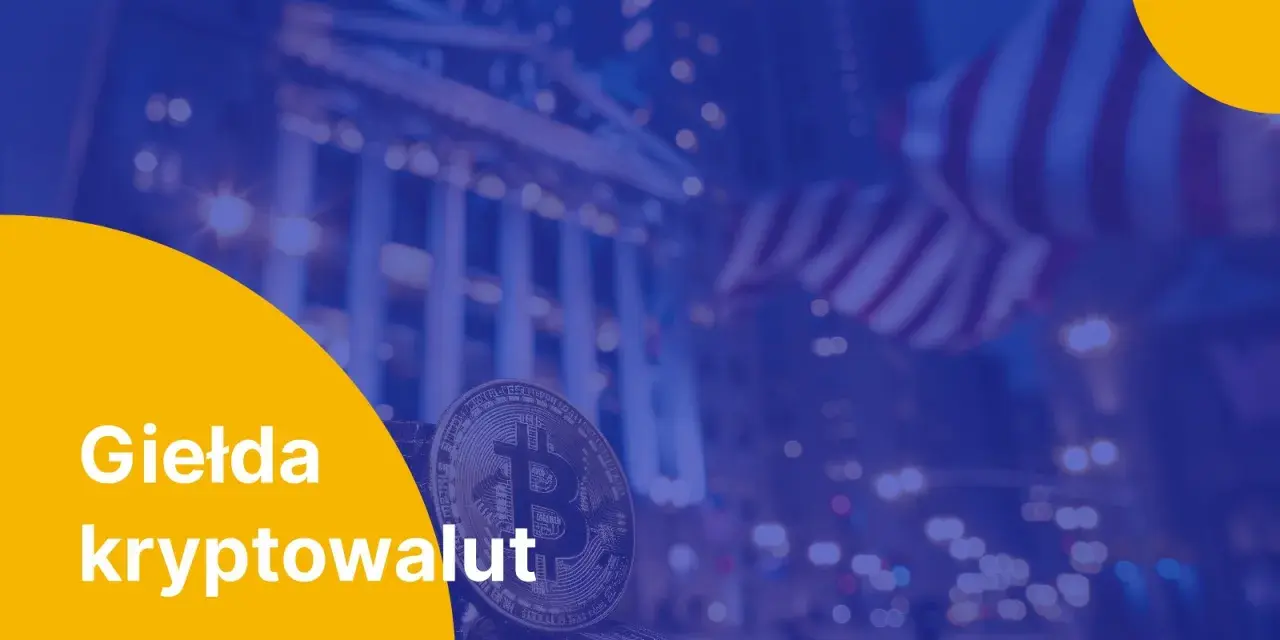 Giełda kryptowalut: Bitcoin i amerykańska flaga na tle nocnego miasta. Dowiedz się, giełda co to jest i jak działa.