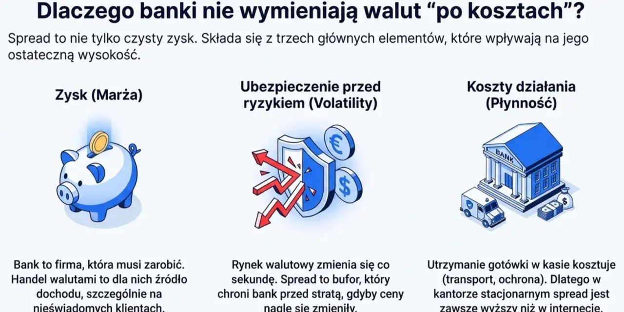Grafika wyjaśnia, co to jest spread na giełdzie: zysk banku (skarbonka), ubezpieczenie przed ryzykiem (tarcza) i koszty działania (bank, bankowóz).