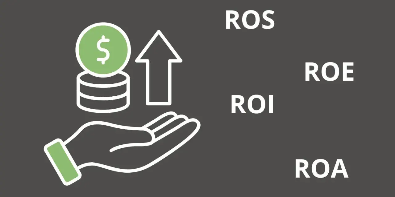 Grafika symbolizująca wzrost rentowności kapitału własnego (ROE) i innych wskaźników finansowych, takich jak ROI, ROA, ROS.