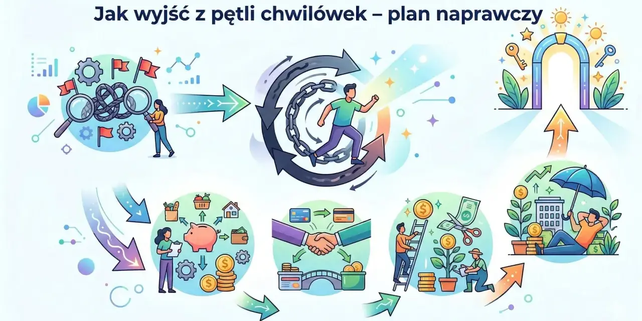 Ilustracja przedstawia schemat oddłużania: od analizy problemu, przez wyjście z pętli zadłużenia, do stabilizacji finansowej i bezpieczeństwa.