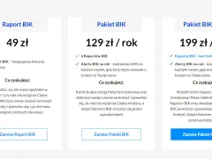 Trzy pakiety usług BIK: Raport BIK (49 zł), Pakiet BIK (129 zł/rok) i Pakiet BIK MAX (199 zł/rok). Dowiedz się, co to jest raport BIK i jak chronić swoją historię kredytową.