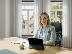 Uśmiechnięta kobieta w biurze przy biurku z tabletem i świnką-skarbonką.