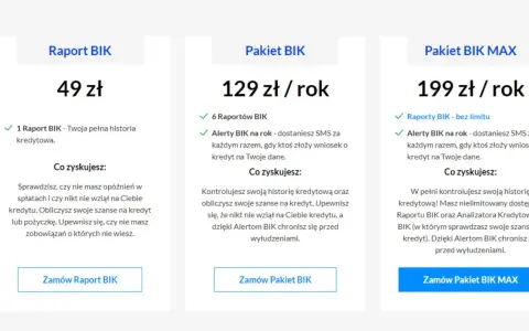 Trzy pakiety usług BIK: Raport BIK (49 zł), Pakiet BIK (129 zł/rok) i Pakiet BIK MAX (199 zł/rok). Dowiedz się, co to jest raport BIK i jak chronić swoją historię kredytową.