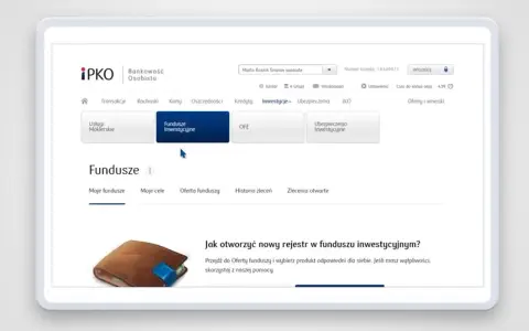 Ekran bankowości PKO BP z zakładką "Fundusze Inwestycyjne". Dowiedz się, jak zamknąć fundusz inwestycyjny PKO.