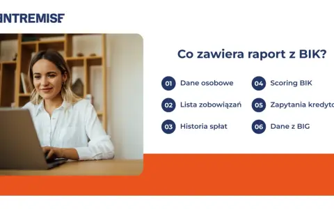 Kobieta pracuje na laptopie, obok lista elementów raportu BIK.