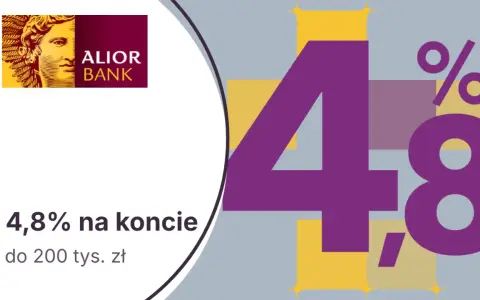 Logo Alior Bank i duża grafika z liczbą 4,8% oraz tekstem "4,8% na koncie do 200 tys. zł".