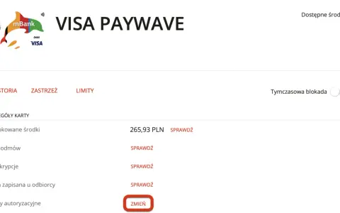 Widok karty mBank Visa. Kliknij "Zmień", aby dowiedzieć się, jak zmienić limity mBank.
