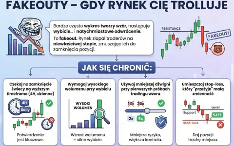 Jak grać na giełdzie kryptowalut, unikając pułapek (fakeoutów). Poradnik pokazuje, jak chronić się przed fałszywymi wybiciami, czekając na zamknięcie świecy, analizując wolumen i używając stop-loss.