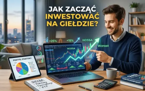 Mężczyzna wskazuje na wykres wzrostu na laptopie, obok tablet z wykresem kołowym i notatnik.