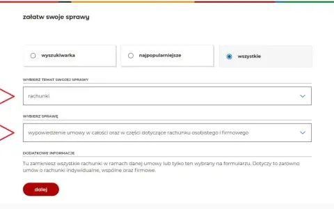 Formularz mBank: wybierz temat "rachunki" i sprawę "wypowiedzenie umowy", aby dowiedzieć się, jak usunąć kartę mBank.