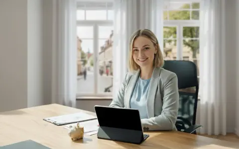 Uśmiechnięta kobieta w biurze przy biurku z tabletem i świnką-skarbonką.