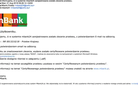 Potwierdzenie przelewu z mbank24, kiedy zostało zarejestrowane zlecenie. Zobacz potwierdzenie.