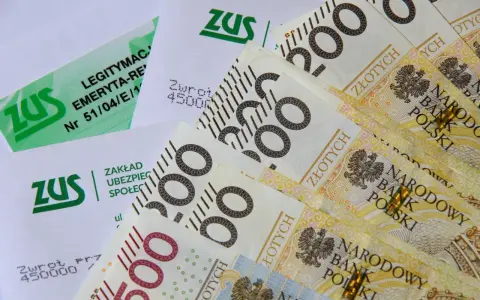 ZUS, dokumenty emerytalne i polskie banknoty 200 zł i 500 zł.