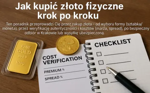 Złota sztabka i moneta obok dokumentów "Cost Verification" i "Checklist" ilustrują, jak kupić złoto inwestycyjne krok po kroku.