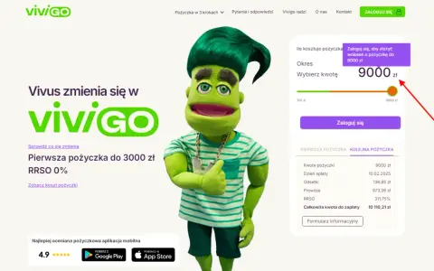 Zielona postać z włosami zachęca do wyboru kwoty pożyczki. Sprawdź, czy Vivus rozkłada na raty, wybierając kwotę 9000 zł.
