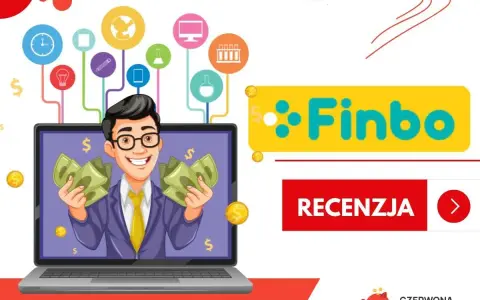 Uśmiechnięty mężczyzna z pieniędzmi na ekranie laptopa. Czy Finbo sprawdza BIK? Logo Finbo i przycisk "Recenzja".