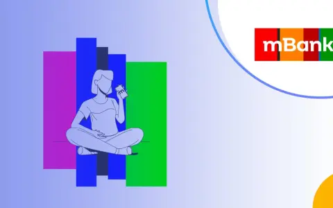 Ilustracja pokazuje, jak zrobić przelew ekspresowy mBank. Osoba siedzi w pozycji lotosu, trzymając telefon, na którym widnieje logo mBank.