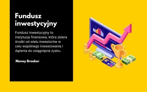 Jak założyć fundusz inwestycyjny? Grafika przedstawia komputer z wykresem wzrostu, stosy monet, banknoty i puchar, symbolizujące sukces finansowy.