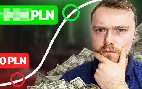 Mężczyzna zamyślony na tle stosu dolarów, z napisami "PLN" i "0 PLN" oraz wykresem giełdowym.
